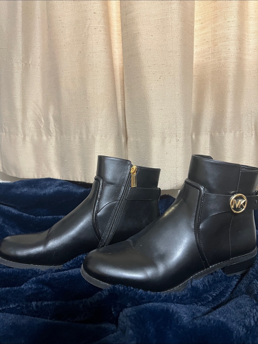 Michael Kors Black Leather Ankle Boots with Gold MK Medallion